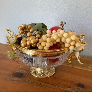 Elegant Glass Gold Trimmed Bowl w/ Faux Fruit.